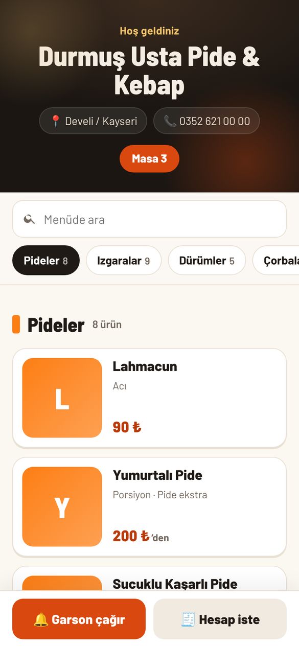 Müşterinin telefonunda QR menü