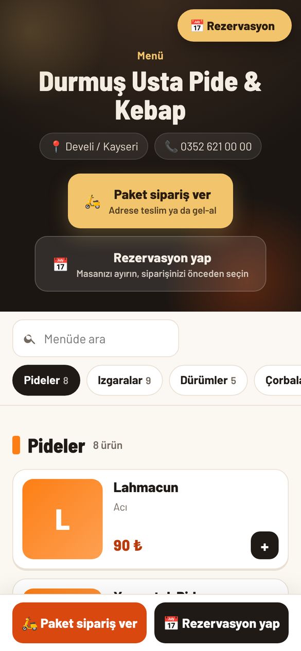 QR menü: müşterinin gördüğü ekranı